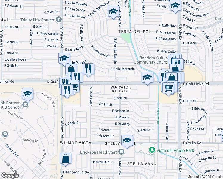 map of restaurants, bars, coffee shops, grocery stores, and more near 6646 East Golf Links Road in Tucson