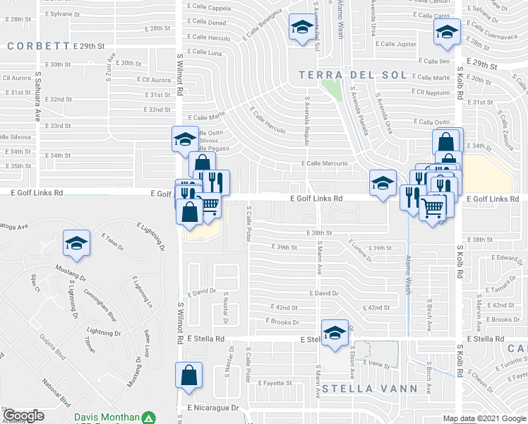 map of restaurants, bars, coffee shops, grocery stores, and more near 6502 East Golf Links Road in Tucson