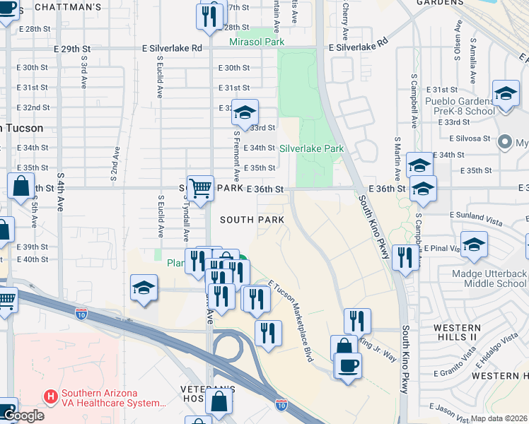 map of restaurants, bars, coffee shops, grocery stores, and more near 1500 East 36th Street in Tucson