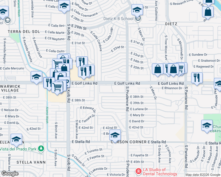 map of restaurants, bars, coffee shops, grocery stores, and more near 7400 East Golf Links Road in Tucson