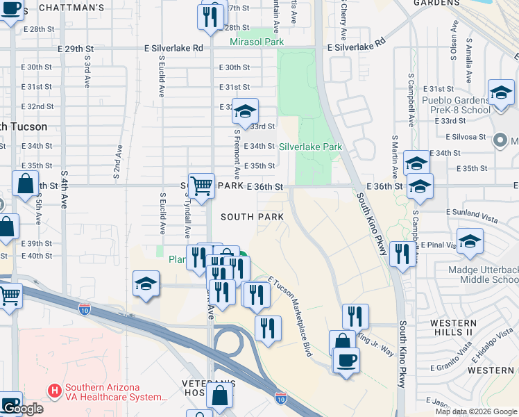 map of restaurants, bars, coffee shops, grocery stores, and more near 1157 East Gerring Street in Tucson