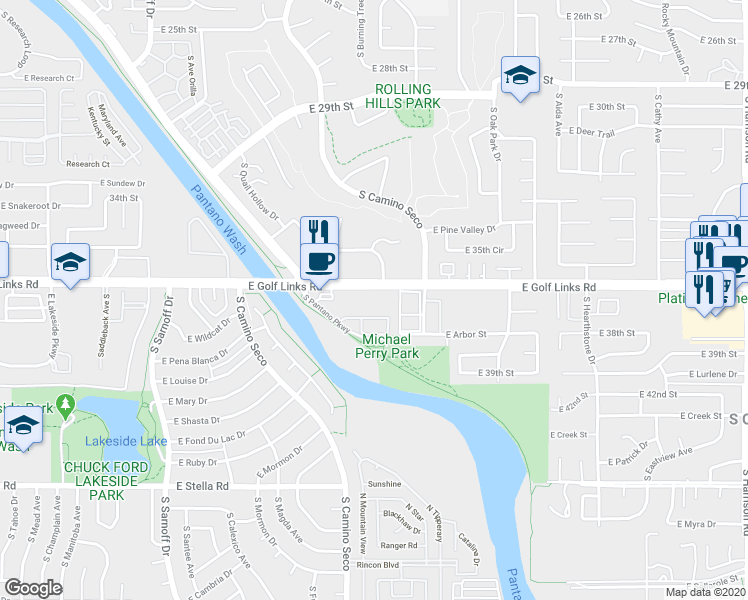 map of restaurants, bars, coffee shops, grocery stores, and more near 8750 East Golf Links Road in Tucson