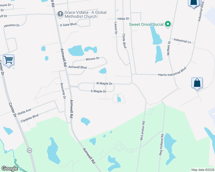 map of restaurants, bars, coffee shops, grocery stores, and more near 2001 North Maple Drive in Vidalia