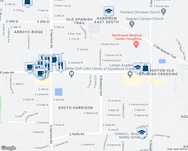 map of restaurants, bars, coffee shops, grocery stores, and more near 2610 S Pace E Dr in Tucson