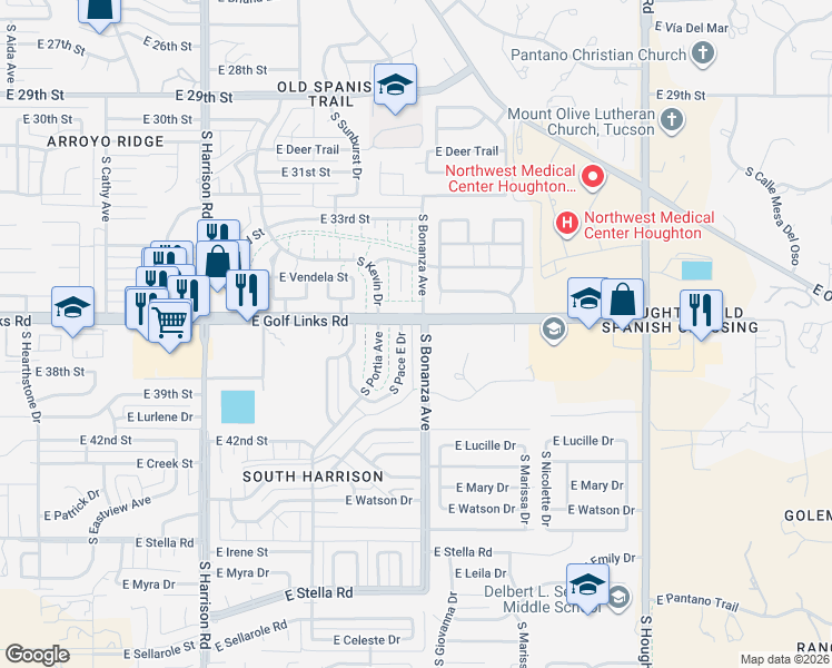 map of restaurants, bars, coffee shops, grocery stores, and more near 2612 South Bonanza Avenue in Tucson