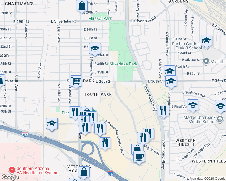 map of restaurants, bars, coffee shops, grocery stores, and more near 2663 South Ayala Street in Tucson