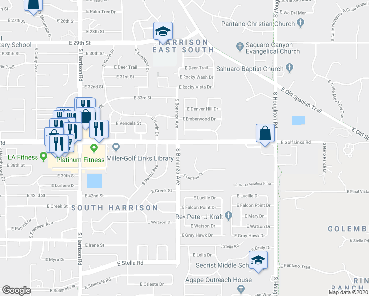 map of restaurants, bars, coffee shops, grocery stores, and more near 2607 South Bonanza Avenue in Tucson