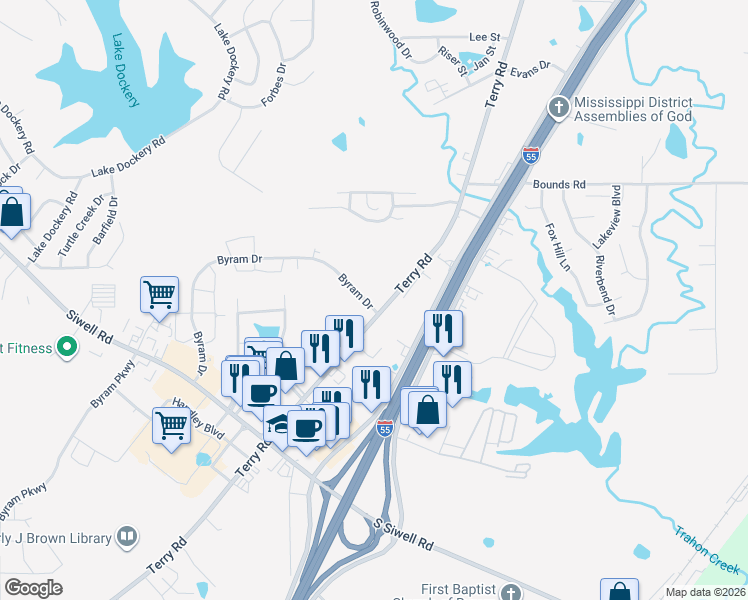 map of restaurants, bars, coffee shops, grocery stores, and more near 5659 Terry Road in Byram