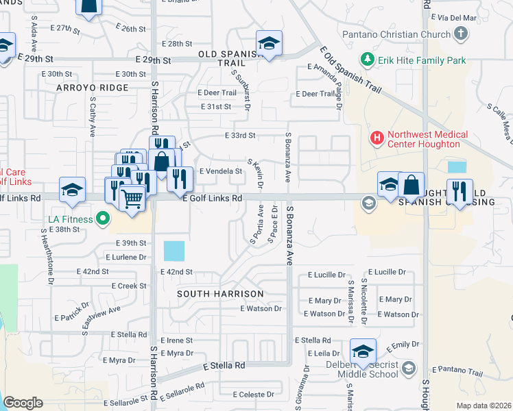 map of restaurants, bars, coffee shops, grocery stores, and more near 2602 South Black Moon Drive in Tucson