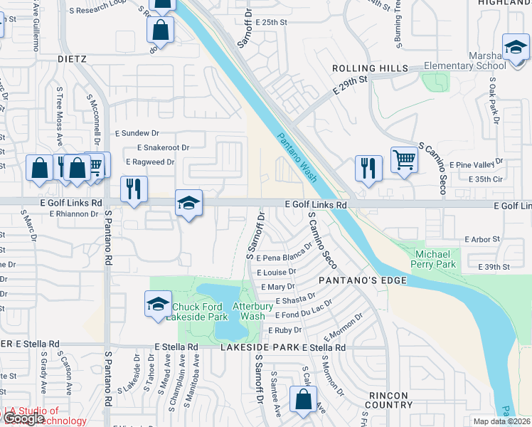 map of restaurants, bars, coffee shops, grocery stores, and more near 2602 South Jaguar Road in Tucson