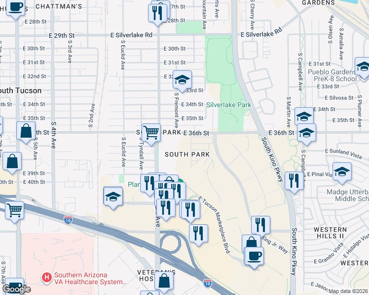 map of restaurants, bars, coffee shops, grocery stores, and more near 1500 East 36th Street in Tucson