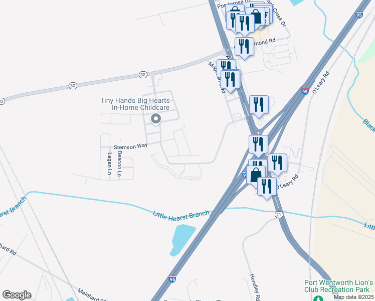 map of restaurants, bars, coffee shops, grocery stores, and more near 76 Bearing Circle in Port Wentworth