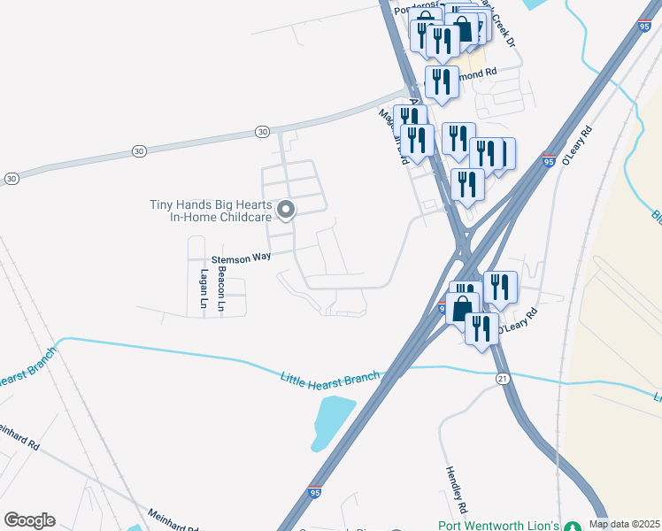 map of restaurants, bars, coffee shops, grocery stores, and more near 76 Bearing Circle in Port Wentworth