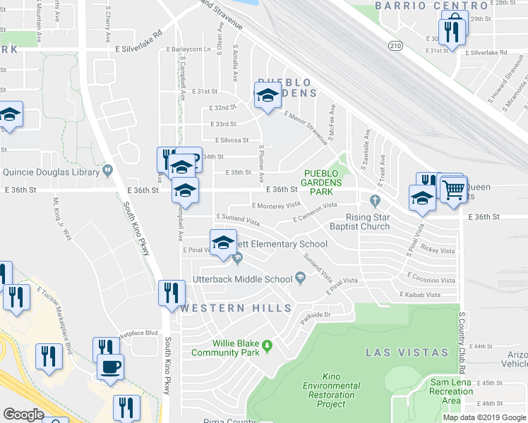 map of restaurants, bars, coffee shops, grocery stores, and more near 2230 East Monterey Vista in Tucson