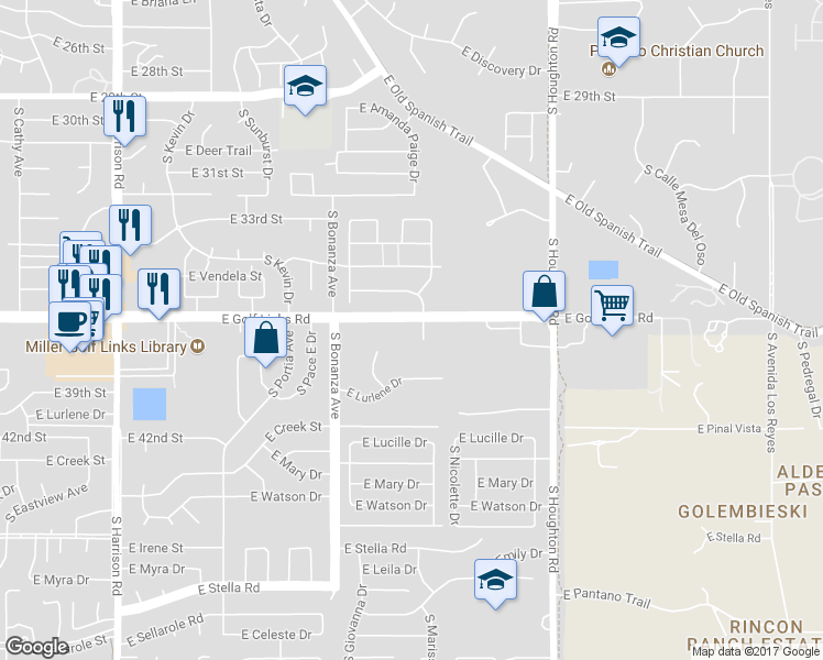 map of restaurants, bars, coffee shops, grocery stores, and more near 10050 East Golf Links Road in Tucson