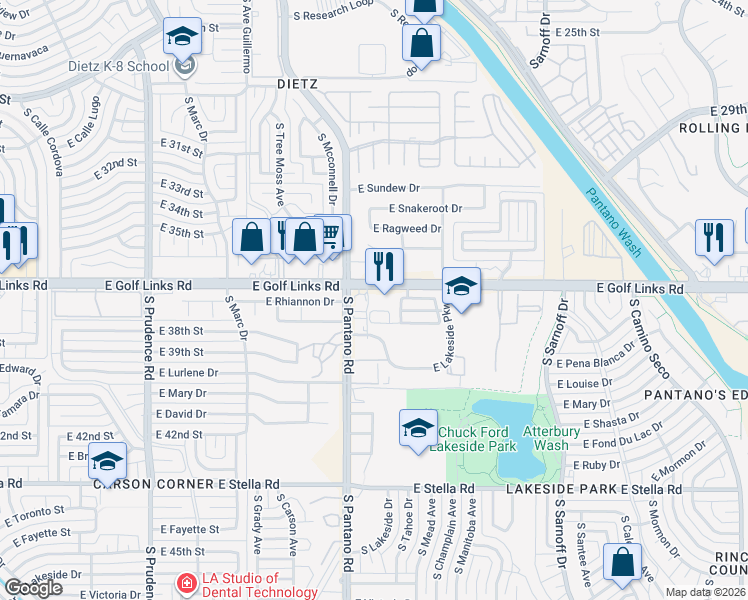 map of restaurants, bars, coffee shops, grocery stores, and more near 7970 East Golf Links Road in Tucson