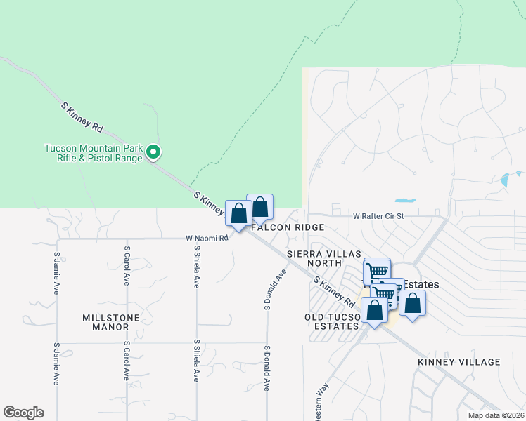 map of restaurants, bars, coffee shops, grocery stores, and more near 2749 South Kinney Road in Tucson