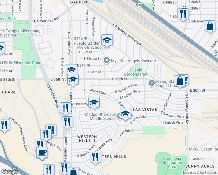 map of restaurants, bars, coffee shops, grocery stores, and more near 2230 East Monterey Vista in Tucson