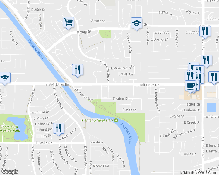 map of restaurants, bars, coffee shops, grocery stores, and more near 8851 East Elvenstone Way in Tucson