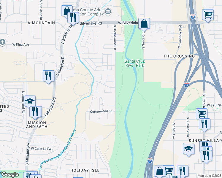map of restaurants, bars, coffee shops, grocery stores, and more near 2640 South Cottonwood Lane in Tucson