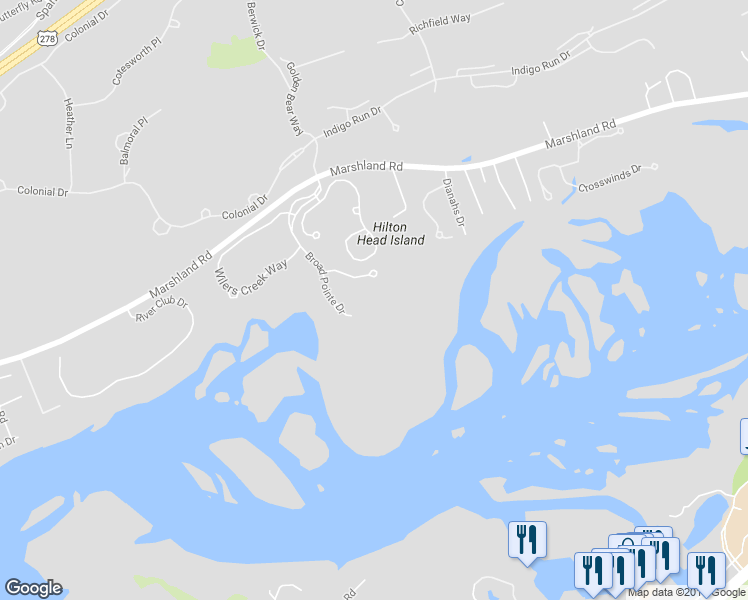 map of restaurants, bars, coffee shops, grocery stores, and more near 58 Broad Pointe Drive in Hilton Head Island