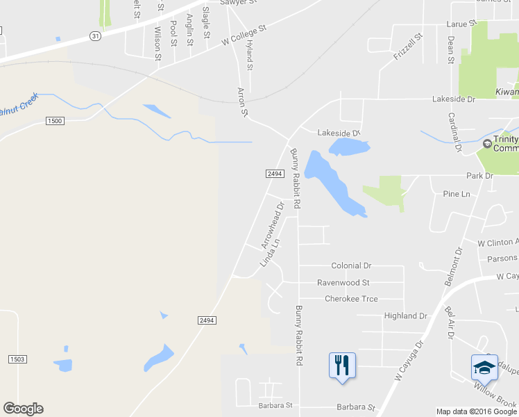 map of restaurants, bars, coffee shops, grocery stores, and more near 858 Farm to Market Road 2494 in Athens