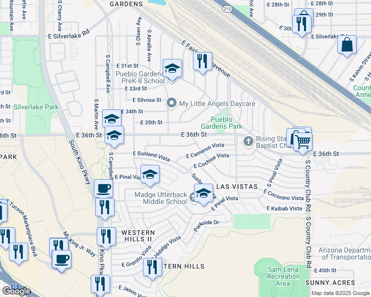 map of restaurants, bars, coffee shops, grocery stores, and more near 2332 East Monterey Vista in Tucson