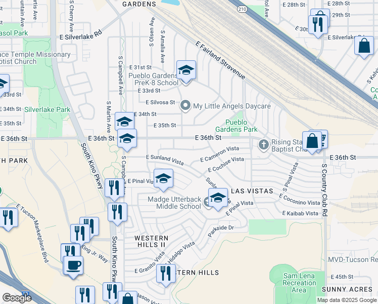 map of restaurants, bars, coffee shops, grocery stores, and more near 2230 East Monterey Vista in Tucson