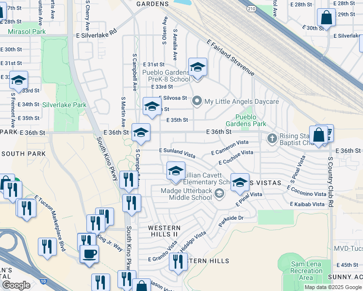map of restaurants, bars, coffee shops, grocery stores, and more near 2116 South Monterey Vista in Tucson