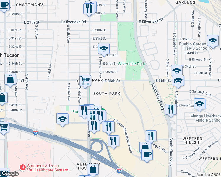 map of restaurants, bars, coffee shops, grocery stores, and more near 1500 East 36th Street in Tucson