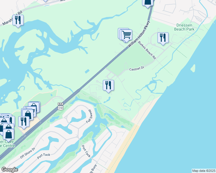 map of restaurants, bars, coffee shops, grocery stores, and more near 25 Crabline Court in Hilton Head Island
