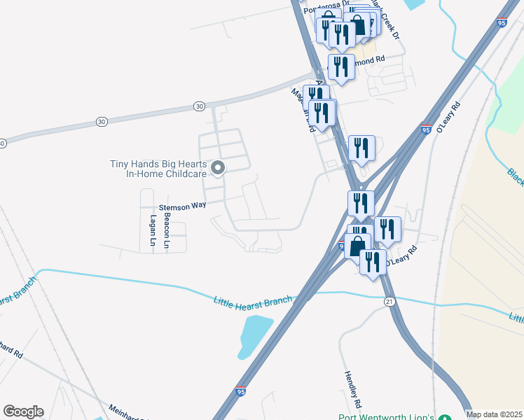 map of restaurants, bars, coffee shops, grocery stores, and more near 76 Bearing Circle in Port Wentworth