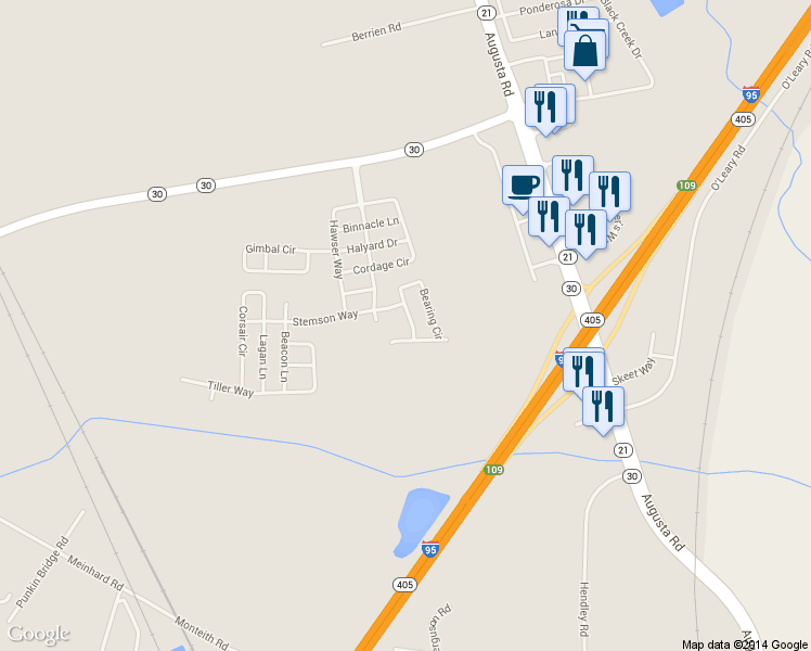 map of restaurants, bars, coffee shops, grocery stores, and more near 13 Bearing Circle in Savannah