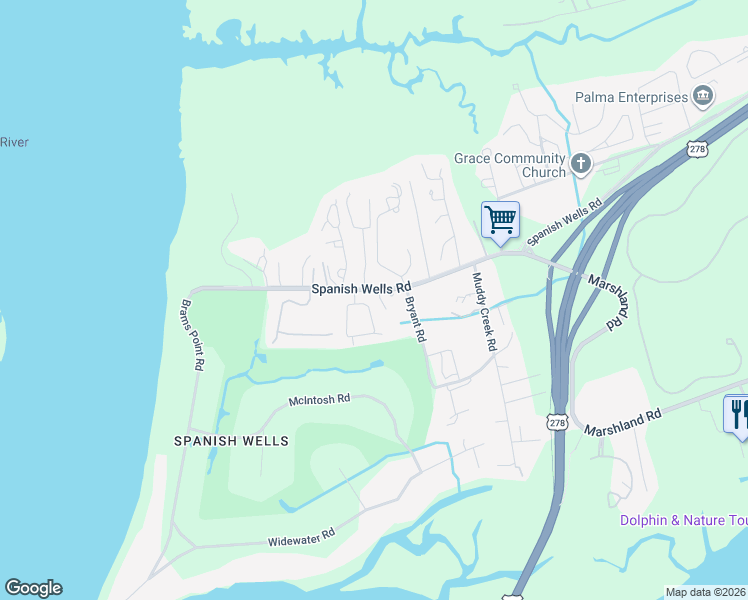 map of restaurants, bars, coffee shops, grocery stores, and more near 56 Timbercrest Circle in Hilton Head Island