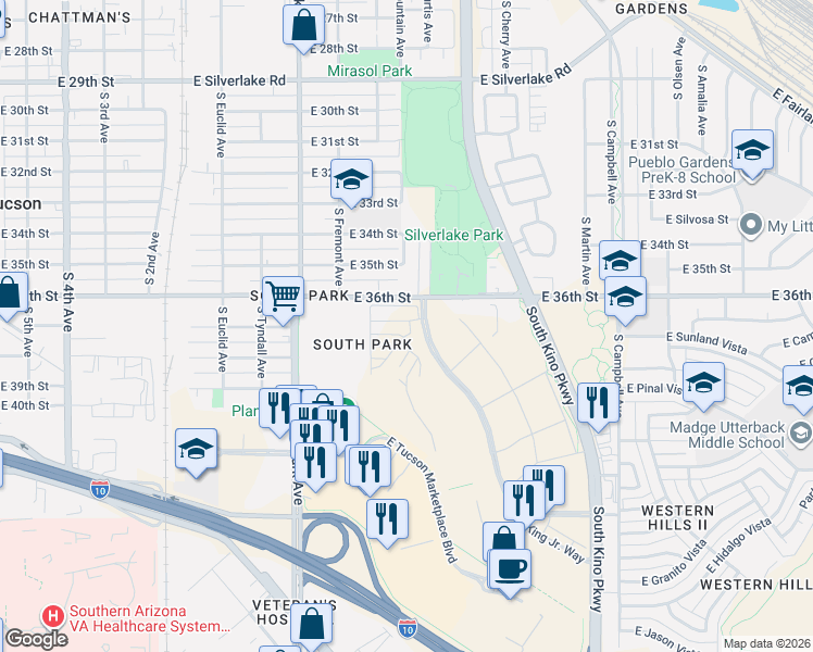 map of restaurants, bars, coffee shops, grocery stores, and more near 1244 East Fimbres Street in Tucson