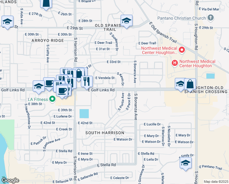 map of restaurants, bars, coffee shops, grocery stores, and more near 2602 South Black Moon Drive in Tucson