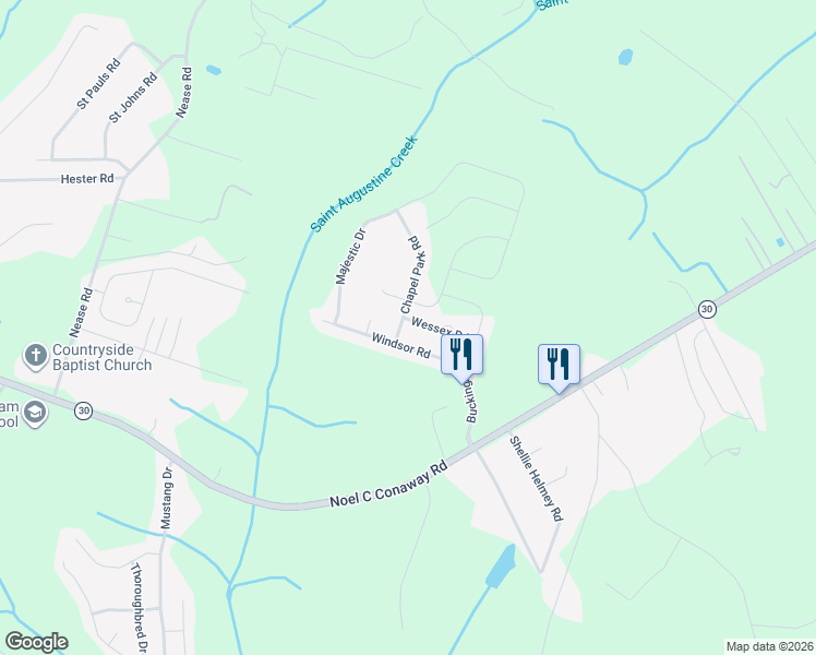 map of restaurants, bars, coffee shops, grocery stores, and more near 215 Wessex Road in Guyton