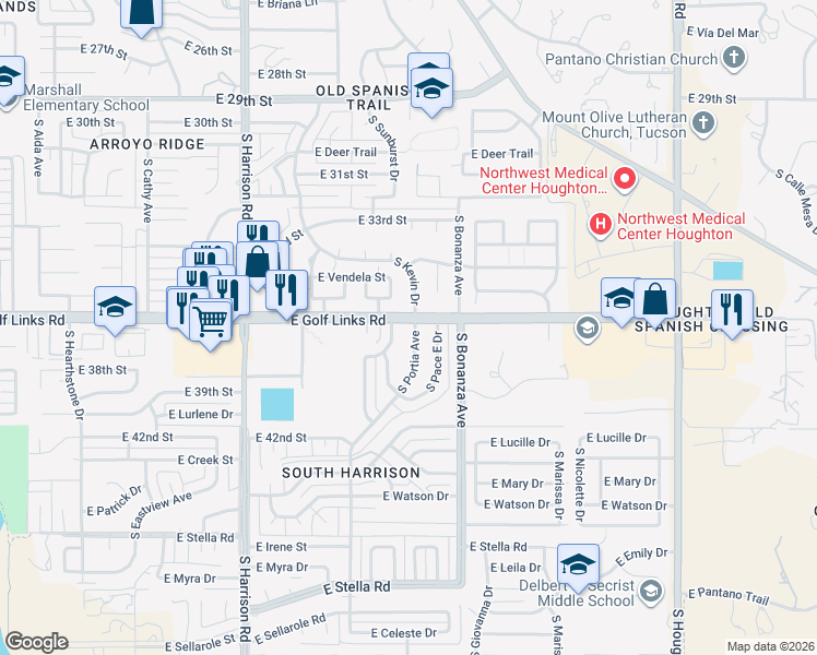 map of restaurants, bars, coffee shops, grocery stores, and more near 2602 South Black Moon Drive in Tucson