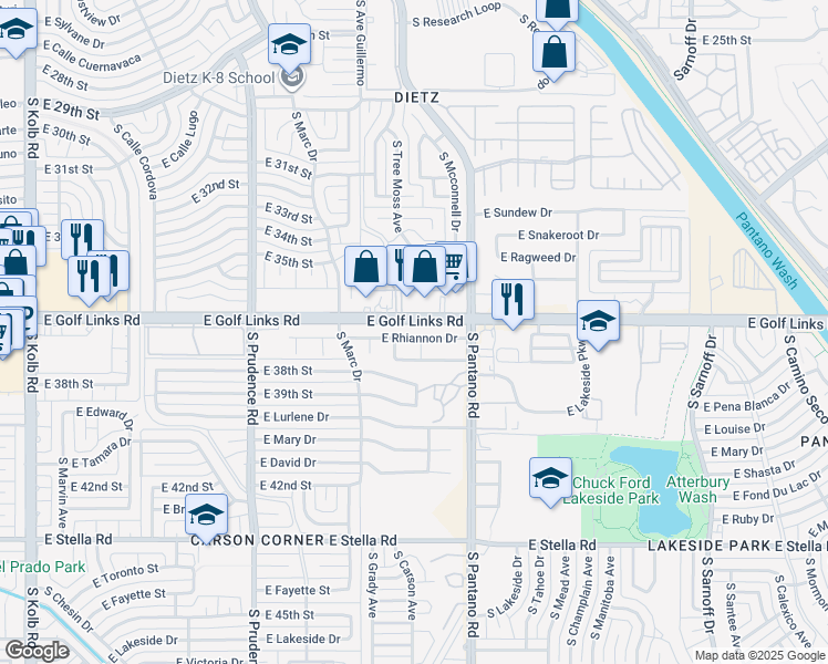 map of restaurants, bars, coffee shops, grocery stores, and more near 7797 East Rhiannon Drive in Tucson