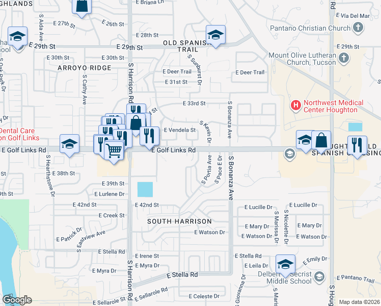 map of restaurants, bars, coffee shops, grocery stores, and more near 2602 South Black Moon Drive in Tucson