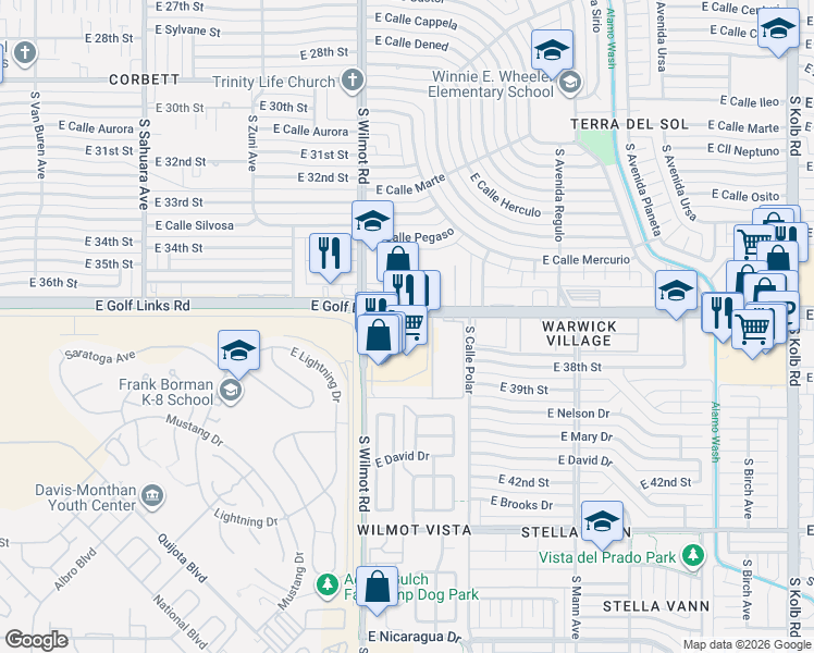 map of restaurants, bars, coffee shops, grocery stores, and more near 6370 East Golf Links Road in Tucson