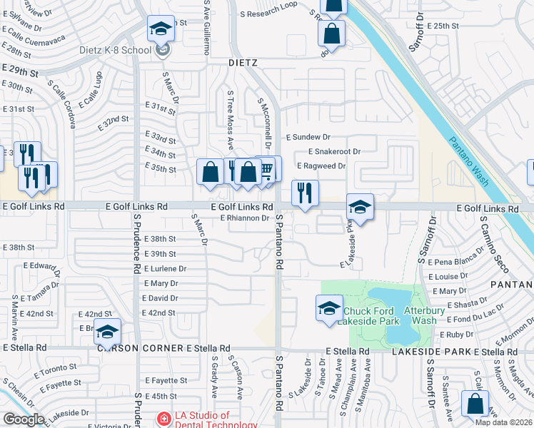 map of restaurants, bars, coffee shops, grocery stores, and more near 7873 East Rhiannon Drive in Tucson