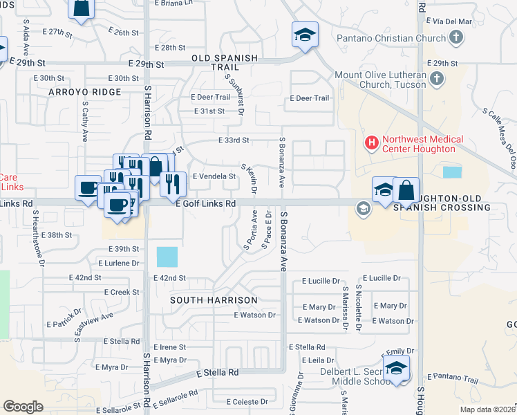 map of restaurants, bars, coffee shops, grocery stores, and more near 2600 South Pace East Drive in Tucson