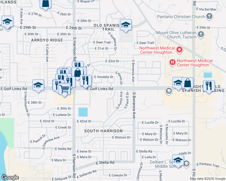 map of restaurants, bars, coffee shops, grocery stores, and more near 2602 South Black Moon Drive in Tucson