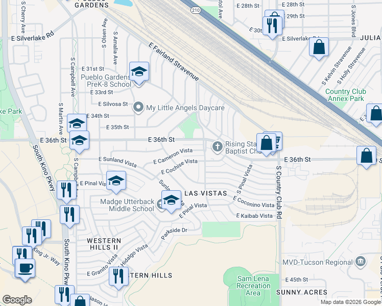 map of restaurants, bars, coffee shops, grocery stores, and more near 2512 East Cameron Vista in Tucson