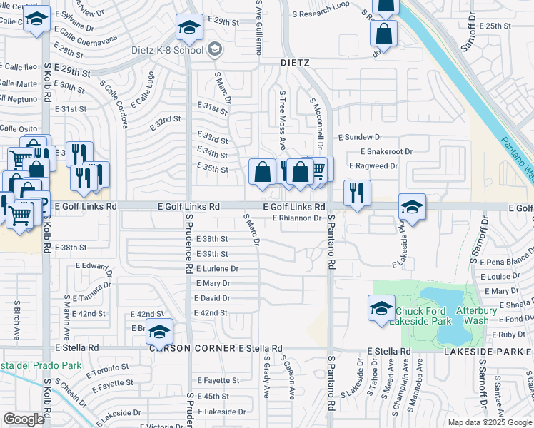 map of restaurants, bars, coffee shops, grocery stores, and more near 7731 East Rhiannon Drive in Tucson
