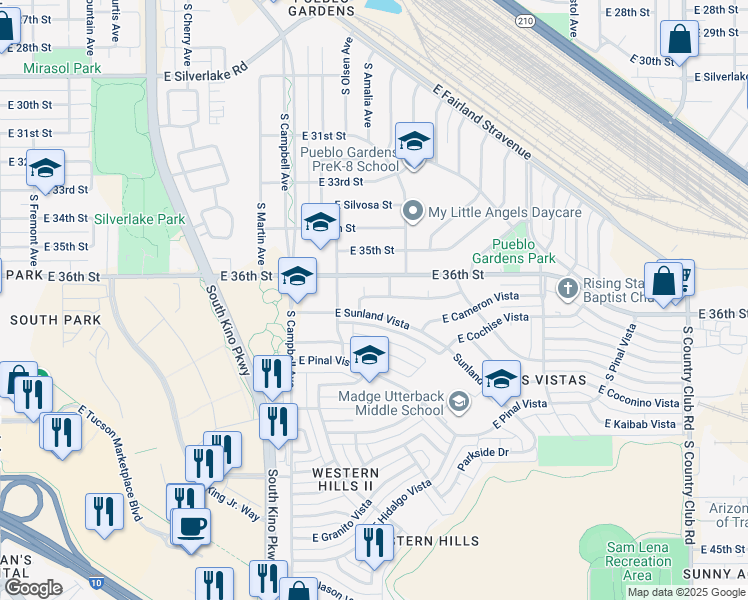 map of restaurants, bars, coffee shops, grocery stores, and more near 2116 South Monterey Vista in Tucson