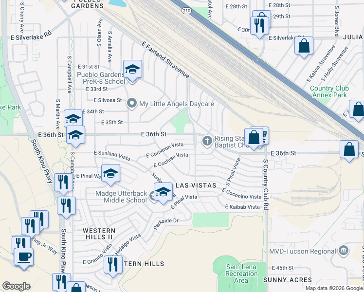 map of restaurants, bars, coffee shops, grocery stores, and more near 2512 East Cameron Vista in Tucson