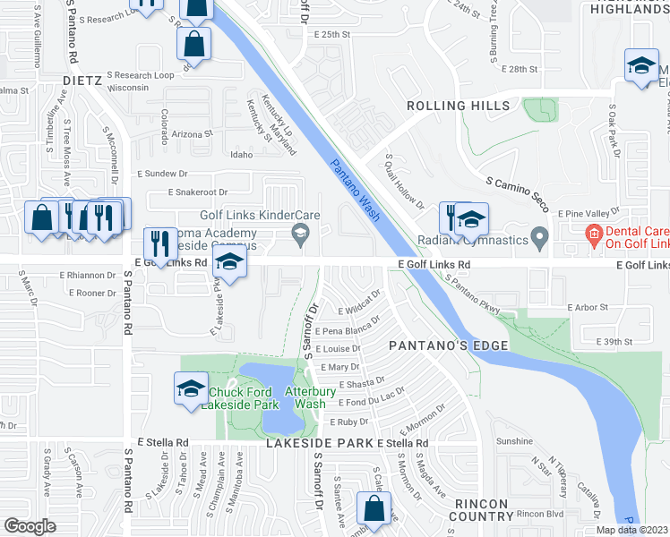 map of restaurants, bars, coffee shops, grocery stores, and more near 2602 South Jaguar Road in Tucson