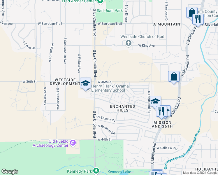 map of restaurants, bars, coffee shops, grocery stores, and more near 1975 West 36th Street in Tucson